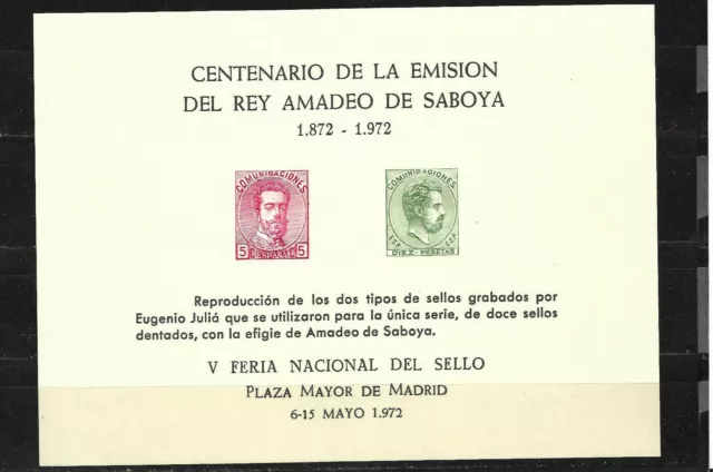 España 1972, Hoja Recuerdo Centenario   Rey Amadeo De Saboya.   Mnh.