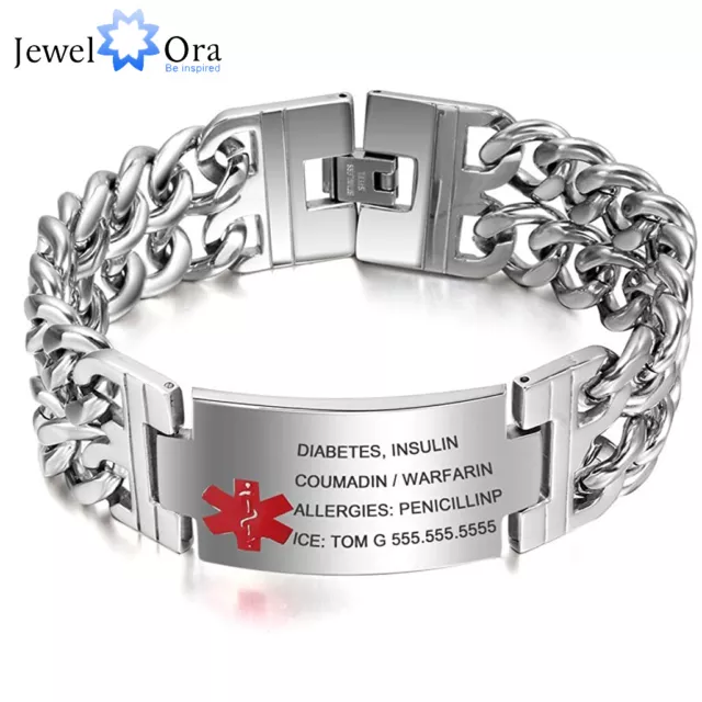 Personalized Text Men Stainless Steel Medical Alert ID Bracelet Emergency Bangle