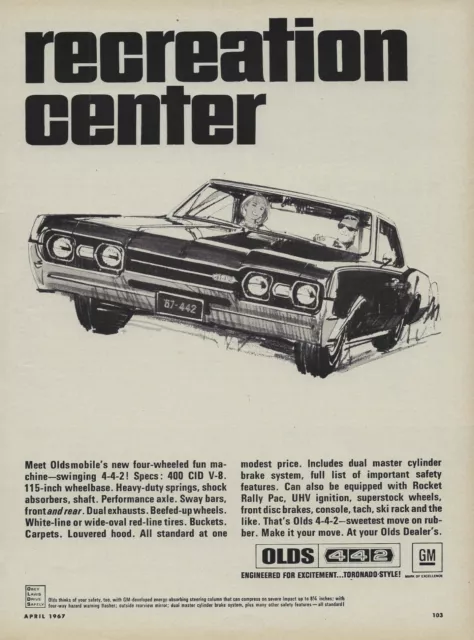 1967 Oldsmobile Cutlass 442 Ad Recreation Center Vintage Magazine Advertisement