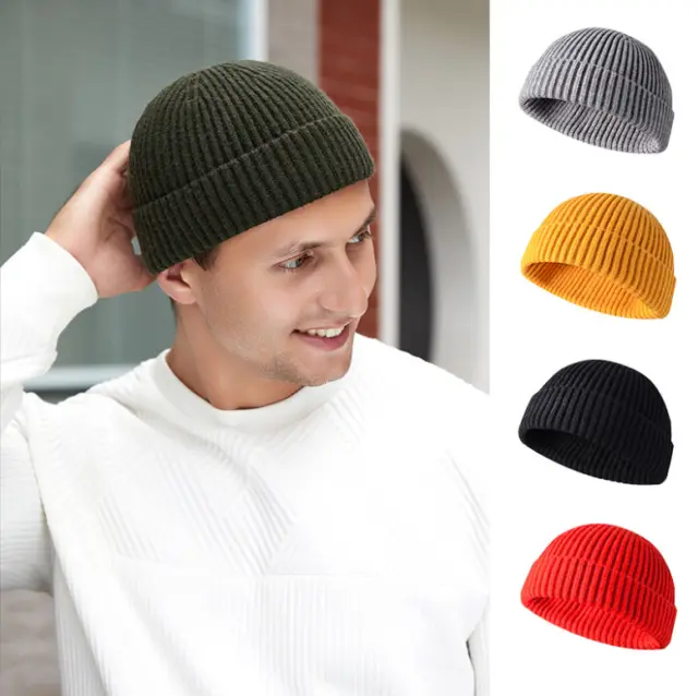 Ribbed Knitted Skull Cap Mens Mini Short Fisherman Beanie Hats Plain Winter Warm