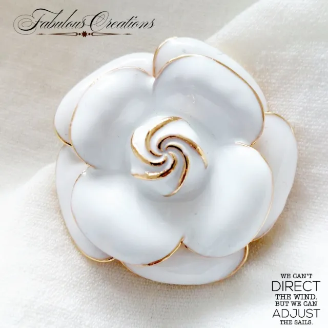 White Enamel Camellia Flower Brooch Vintage Art Deco Look Pin Jewellery Gift