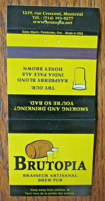 Brutopia Brew Pub (Montreal, Quebec) Beer Matchbook Matchcover -F1