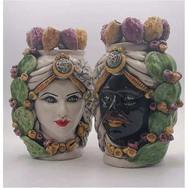 Testa siciliana con corona fico d'india in ceramica di Caltagirone altezza circa