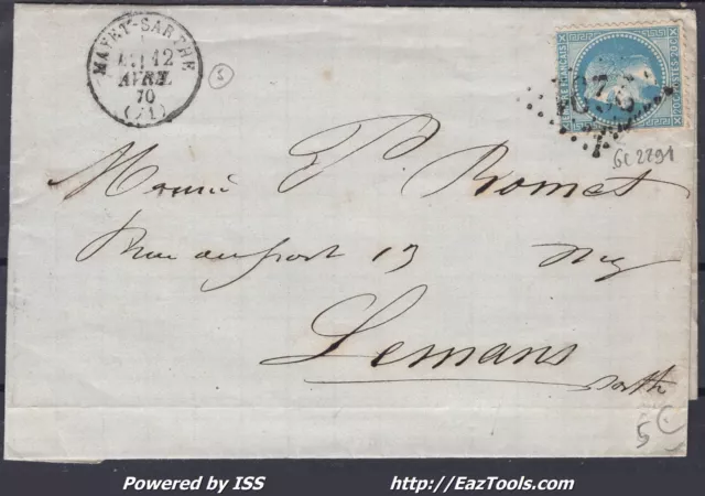 France N°29B Sur Lettre Gc 2291 Mayet Sarthe Sarthe + Cad Du 12/04/1870