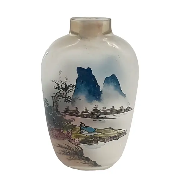 Vintage Glass Snuff Bottle Reverse Painted Frosted Bud Vase Asian Scene 3"X1.75"
