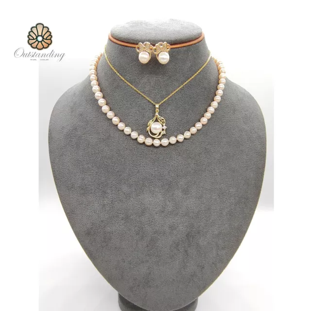 Stunning Set of Two Layered Seawater Pearl Necklace & Earrings 18K Gold Birthday