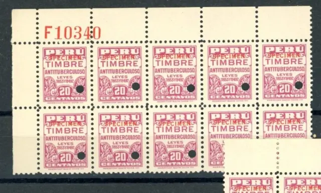 PERU Revenues TIMBRE ANTITUBERCULOSO 20c ABNCo *F10340* SPECIMEN Blocks{20}ZU82