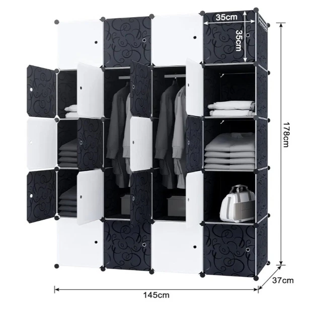 YUENFONG Kledingkast, reksysteem van 8 kubussen PP-materiaal, garderobekast met deuren, schoenenkast, draagbaar steekreksysteem, voor boeken, kleding, speelgoed (zwart