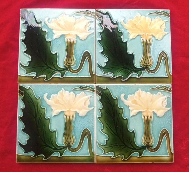 4 Pieces Lot Old Art Flower Design Embossed Majolica Ceramic Tiles Belgium 0412