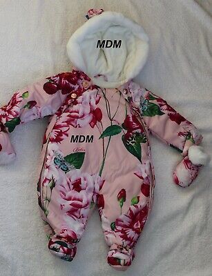 Ted Baker Baby Girls Pink Floral Hooded Padded Snowsuit Pramsuit Mittens 0-3 mth