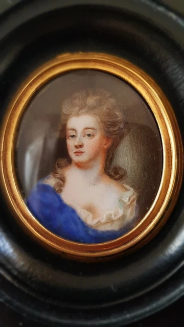 Antique Unique Portrait Miniature Painting Elegant Woman Wood Frame 18th Century