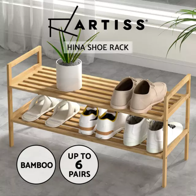 Artiss Shoe Rack Bamboo Storage Cabinet 2 Tiers Portable Organizer Shelf Pine