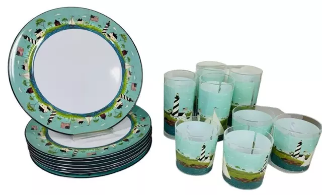 COASTAL BREEZE WARREN KIMBLE Glasses Dinner Plates Melamine Lighthouse  Sakura