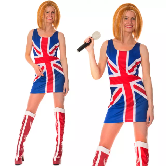 Ginger Spice Girls Costume 90s Union Jack Ladies Womens Fancy Dress Ginger Wig