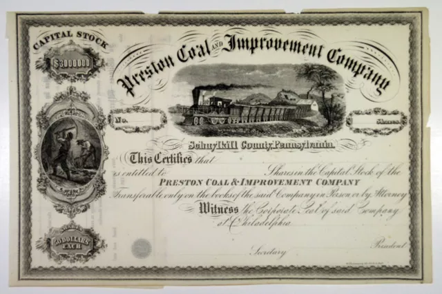 PRESTON COAL & Improvement Co., ca.1880-1900 Remainder U/U Stock ...