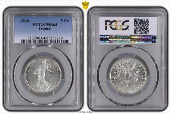 FRANCE V ème République - 5 Francs Semeuse ARGENT  1969 PCGS MS64