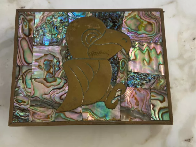 Vintage Texco Mexican Box Brass and Abalone with Bird Figure