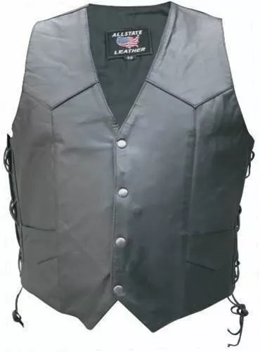 Men's Black Buffalo Leather Motorcycle Vest with Gun Pockets Side Laces