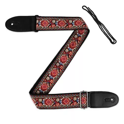 WLLHYF Sangle de guitare vintage large broderie rouge sangles réglables en cu...