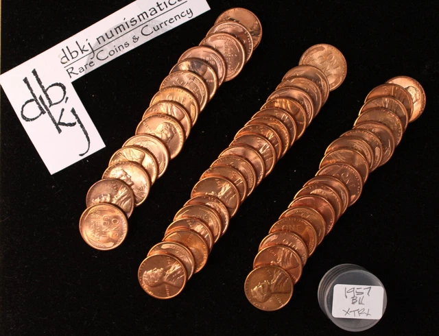1957 (P) Lincoln Wheat Cent Penny Roll - 50 Red to Red Brown Unc Coins - Tube