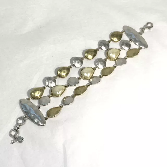 LUCKY BRAND Triple Strand 2 Tone BRACELET Hammered Discs SILVER GOLD Faux Pearl 2