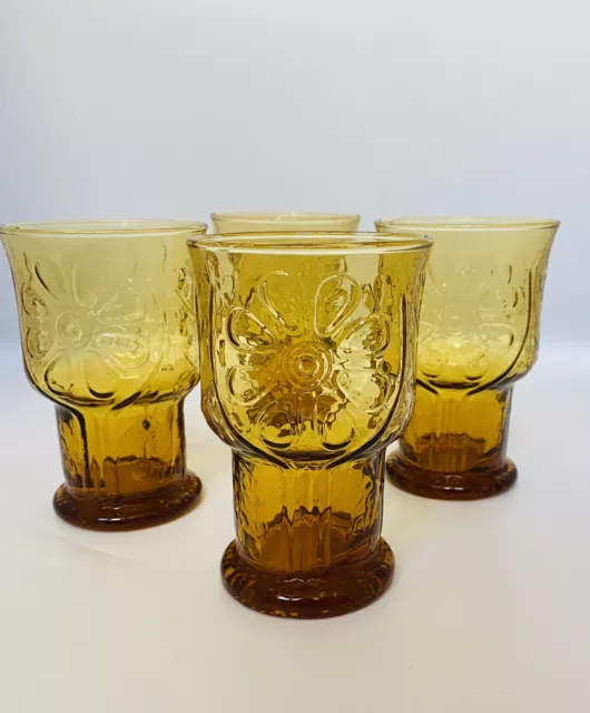 Vintage Libbey Amber Country Garden Daisy Flower 4" Tall Juice Glasses Set of 4