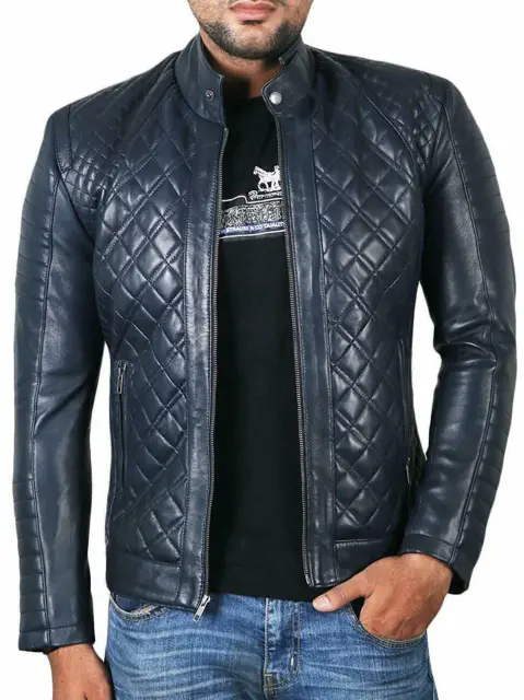 Quilted Leather Jacket For Men's Navy Blue Genuine Lambskin Stylish Biker Jacket