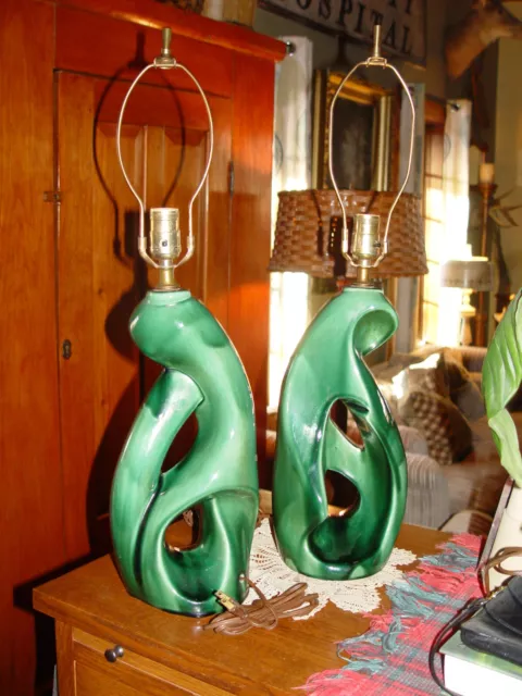 MCM Abstract green ceramic table lamp pair - 1950s