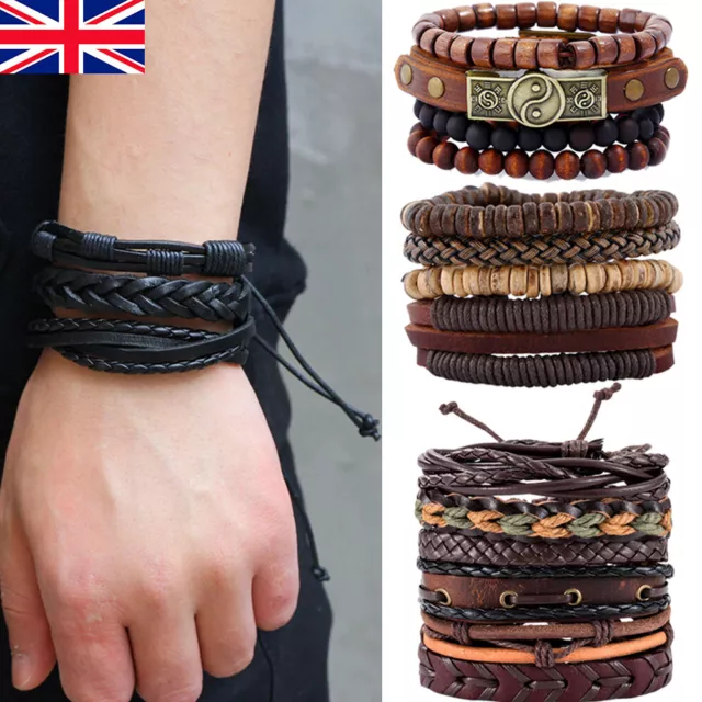 Mens Women Real Leather Bracelet Wristband Bangle Punk Beaded Surfer Wrap Gift