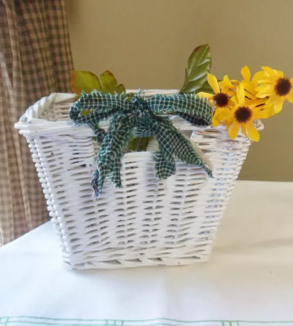 White Wicker Basket with Handles, Vintage Basket with Frayed Green Shabby Bow