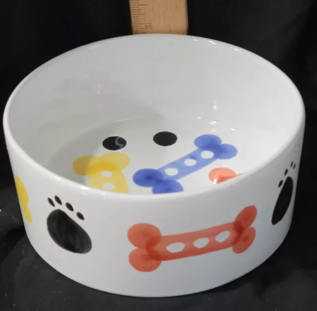 Very Cute Bones Dog Bowl Ceramic Food Water Bowl 7 ¼” Hand Painted Made in Italy