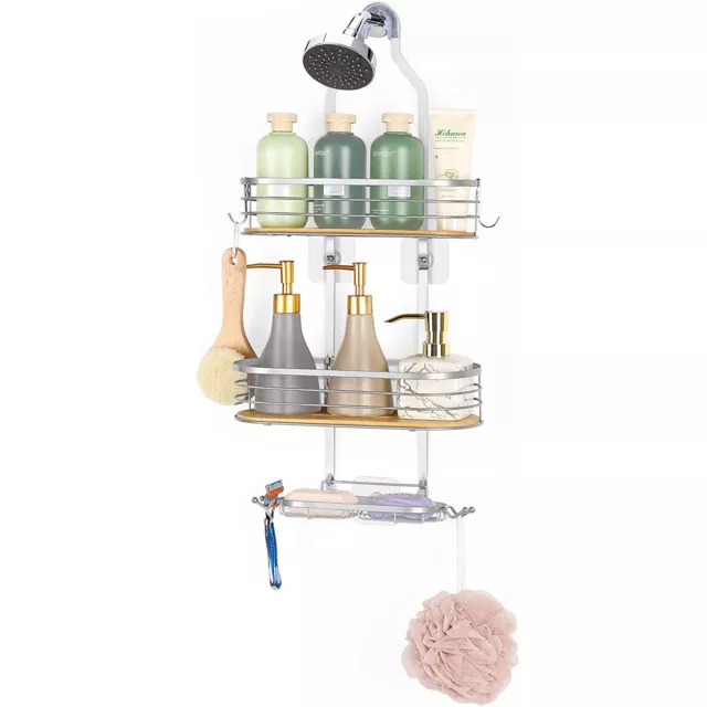 Shower Caddy Over Shower Head, Silver Hanging Organizer, Storage Rack with Hooks