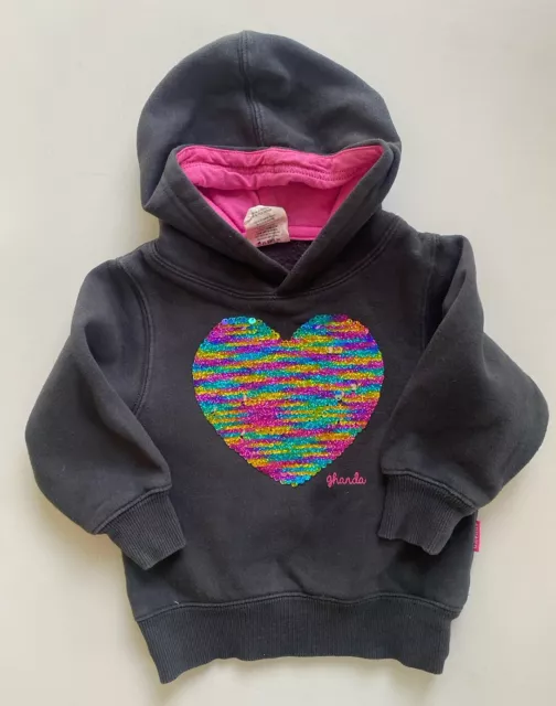 Ghanda baby girl size 1-2 dark grey pullover hooded jumper sequin heart, VGUC