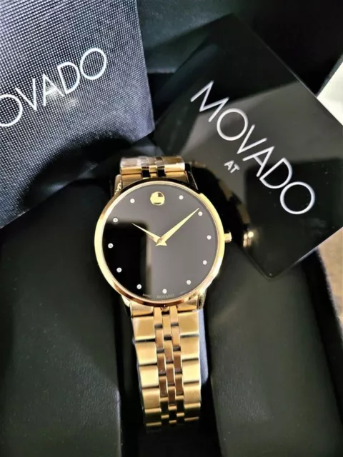 NEW MOVADO MUSEUM Series Mens Gold Tone Black Dial Diamond Quartz Watch ...