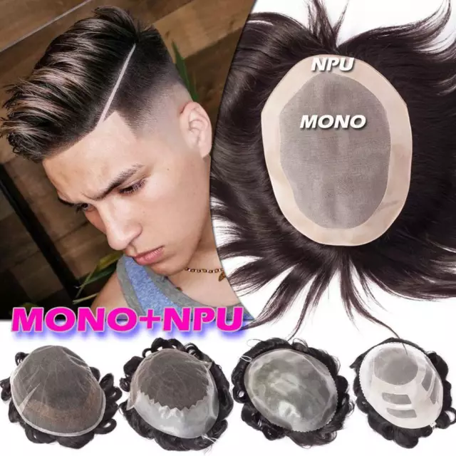 Fine Mono Mens Toupee Hairpiece NPU Around Replacement System Human Hair Wigs US