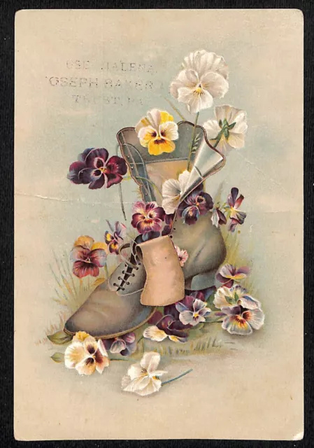 Ma-Le-Na Remedy Victorian Trade Card Flowers in a Fancy Shoe as a Vase