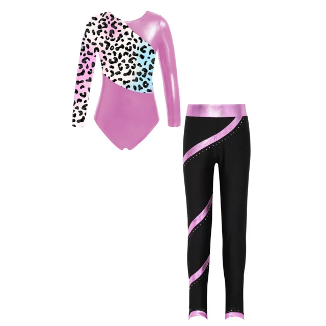 Kid Girls Jumpsuit Long Sleeve Ice Skating Leotard with Sparkly Pants Tights Set