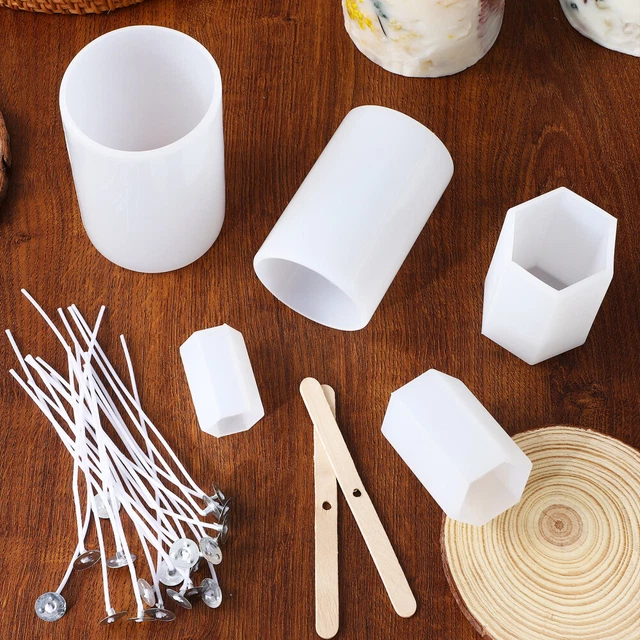 Lot 5 Moules Silicone Bougies Cylindriques - Avec 50 Mèches Coton 15 Cm - Pour Cire De Soja, Paraffine, Cire D'abeille - Réutilisables, Facile Démoulage