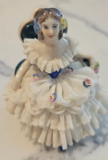 Vintage Volkstedt Dresden Porcelain Lace Figurine Seated Lady-3"