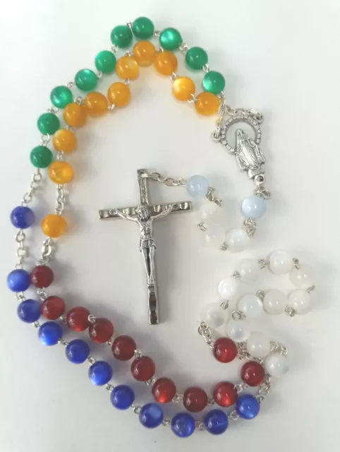 Rosary Cross Crucifix Necklace Pendant Colorful Plastic Beads Silver Tone Italy