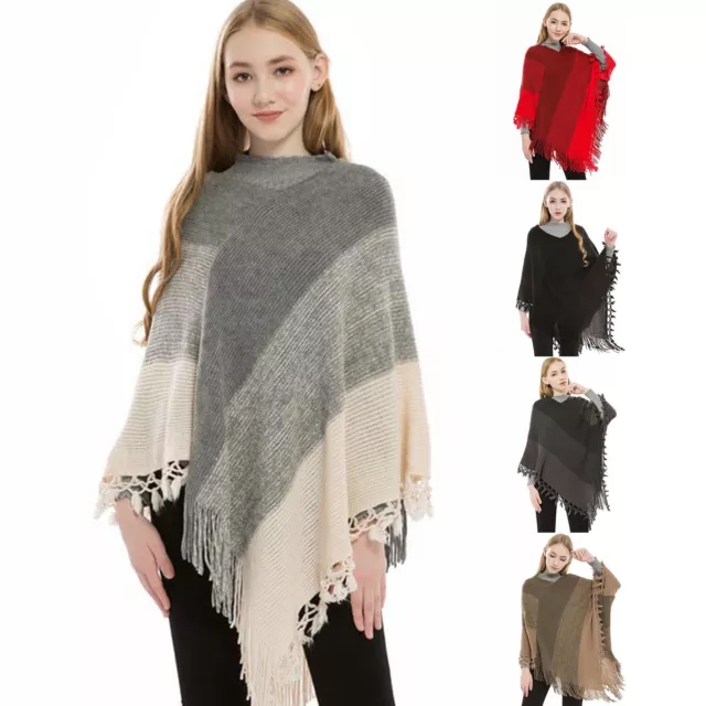 Silk Hair Scarves Women Striped Poncho With Tassels Knitted Shawl Scarf Fringed