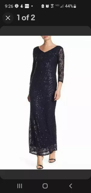 Marina Womens Sequined Lace V-Back Dress Navy Blue Size 10 Ball Gown $149- 634