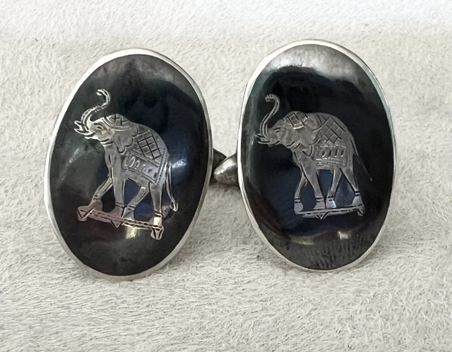 Boutons De Manchette Et Fermoir De Cravate Vintage - Motif éléphant De Siam - Argent Sterling Bombay Bazaar