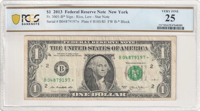 Fr 3001-B* 2013 $1 Dollar Duplicate Star Note B New York Very Fine 25 B04879197*
