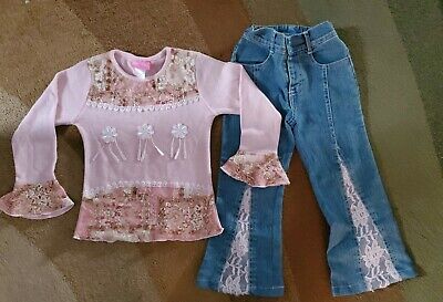 Girls 3T Boutique Outfit Denim Jeans pink lace Top  sweater Shirt chit chat
