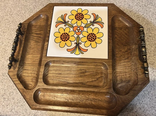 VTG 70s Wood Cutting Board Ceramic Tile Cheese Serving Tray Teakwood w Brass
