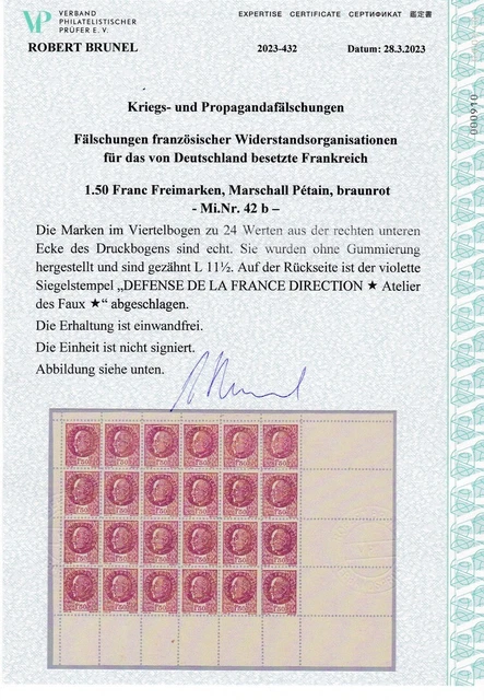 F691) Widerstand Nr. 42 b (*) Viertelbogen Expertise Brunel VP EINWANDFREI