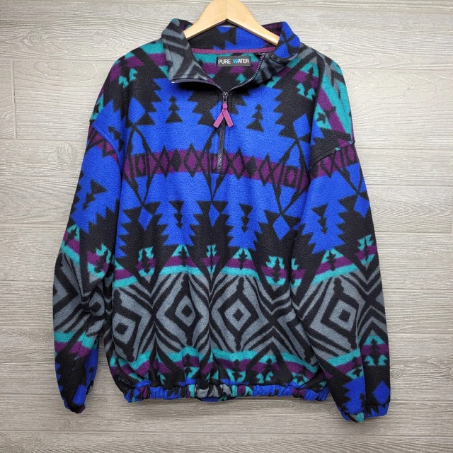 Vintage Pure Water Aztec Print Navajo Fleece Quarter Zip Jacket Size XL