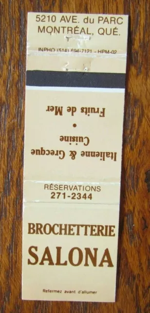 Greek Restaurant Matchbook Matchcover: Salona Brochetterie (Montreal, Quebec) E8