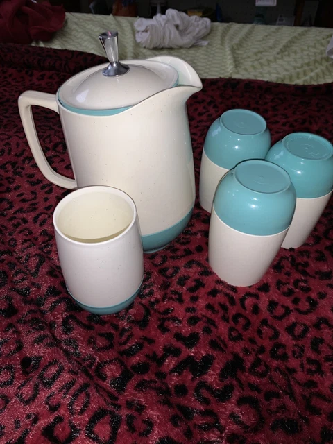 VTG Mid Century Pitcher Vacron Vacuum Server Bopp-Decker White Aqua Blue 4 Cups